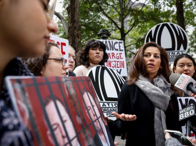 Sonia Ossorio, President of the National Organization for Women of New York, speaks during a rally to call upon Manhattan District Attorney Cyrus Vance Jr. to reopen a criminal investigation against Harvey Weinstein, in New York City, U.S., October 13, 2017. REUTERS/Brendan McDermid