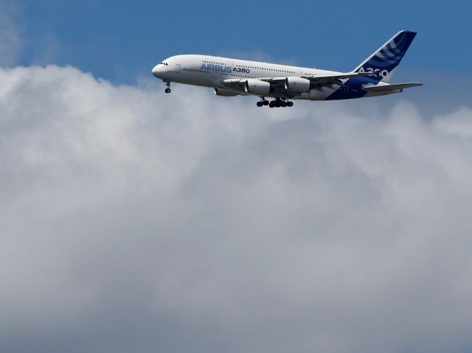 An Airbus A380, the world's largest jetliner, takes part in flying display, during the 52nd Paris Air Show at Le Bourget Airport near Paris, France June 25, 2017. REUTERS/Pascal Rossignol