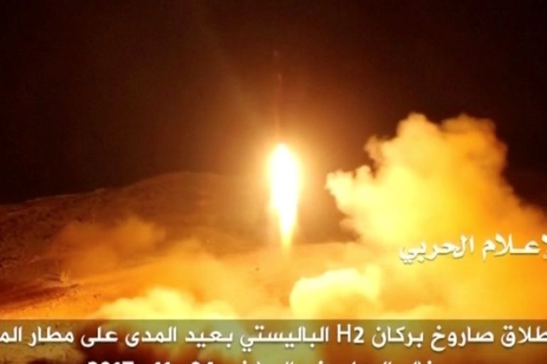 A still image taken from a video distributed by Yemen's pro-Houthi Al Masirah television station on November 5, 2017, shows what it says was the launch by Houthi forces of a ballistic missile aimed at Riyadh's King Khaled Airport on Saturday, Houthi Military Media Unit via REUTERS TV TPX IMAGES OF THE DAY