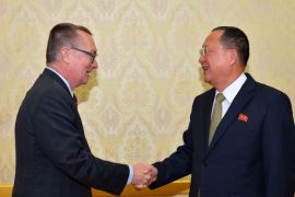 North Korea's Foreign Minister Ri Yong-Ho meets with Jeffrey Feltman, UN undersecretary-general for political affairs, in Pyongyang, North Korea, in this photo released by North Korea's Korean Central News Agency (KCNA) December 7, 2016. KCNA via REUTERS ATTENTION EDITORS - THIS IMAGE WAS PROVIDED BY A THIRD PARTY. REUTERS IS UNABLE TO INDEPENDENTLY VERIFY THIS IMAGE. NO THIRD PARTY SALES. SOUTH KOREA OUT. NO COMMERCIAL OR EDITORIAL SALES IN SOUTH KOREA?