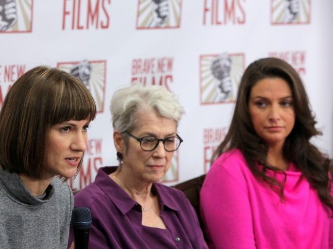 (L-R) Rachel Crooks, a former receptionist in Trump Tower in 2005, Jessica Leeds and Samantha Holvey, a former Miss North Carolina, speak at news conference for the film