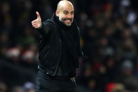 MANCHESTER, ENGLAND - DECEMBER 10: Josep Guardiola, Manager of Manchester City reacts during the Premier League match between Manchester United and Manchester City at Old Trafford on December 10, 2017 in Manchester, England. (Photo by Michael Steele/Getty Images)