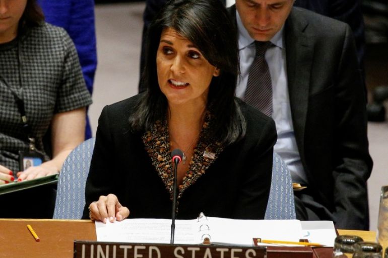 U.S. Ambassador to the United Nations Nikki Haley speaks during the United Nations Security Council meeting on the situation in the Middle East, including Palestine, at U.N. Headquarters in New York City, New York, U.S., December 18, 2017. REUTERS/Brendan McDermid