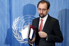 United Nations (U.N.) Human Rights High Commissioner Zeid bin Ra'ad Al Hussein arrives for a media briefing in Geneva, Switzerland, February 1, 2016. Starvation of Syrian civilians is a potential war crime and crime against humanity that should be prosecuted and not covered by any amnesty linked to ending the conflict, Zeid, the top United Nations human rights official said on Monday. REUTERS/Denis Balibouse TPX IMAGES OF THE DAY