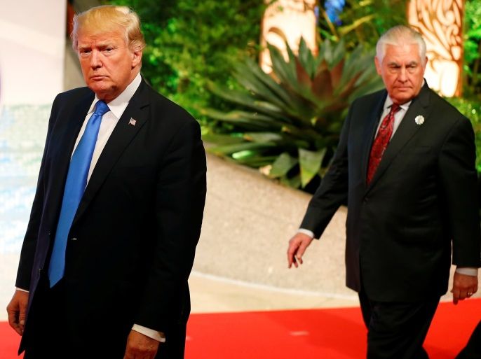 U.S. President Donald Trump (R) accompanied by State Secretary Rex Tillerson, arrives to talk about his 12-day Asian tour that brought him to five countries in Asia, with the final stop in the Philippines for 31st ASEAN Summit Tuesday, November 14, 2017 in Manila, Philippines. REUTERS/Bullit Marquez/Pool