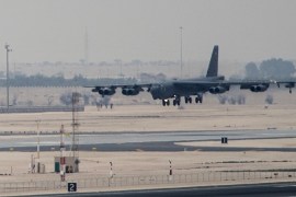 A U.S. Air Force B-52 Stratofortress from Barksdale Air Force Base, Louisiana, touches down at Al Udeid Air Base, Qatar, April 9, 2016. The U.S. Air Force deployed B-52 bombers to Qatar on Saturday to join the fight against Islamic State in Iraq and Syria, the first time they have been based in the Middle East since the end of the Gulf War in 1991. REUTERS/U.S. Air Force/Staff Sgt. Corey Hook/Handout via Reuters THIS IMAGE HAS BEEN SUPPLIED BY A THIRD PARTY. IT IS DIS
