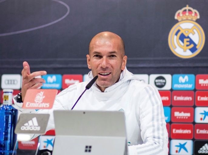 epa06467490 Real Madrid's head coach, Zinedine Zidane, attends a press conference following a training session of the team at Valdebebas sports city in Madrid, Spain, 23 January 2018. Real Madrid will face Leganes in a Spanish King's Cup soccer match on 24 January. EPA-EFE/Rodrigo Jimenez