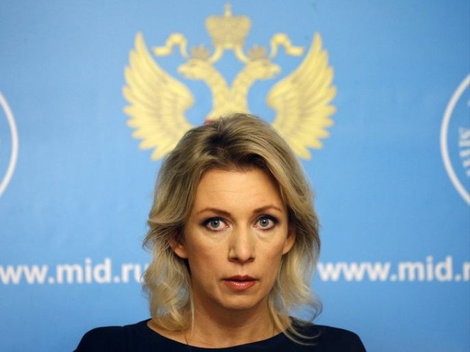 epa04965938 Russian Foreign Ministry spokesperson Maria Zakharova speaks during a special news briefing in Moscow, Russia, 06 October 2015. According to Maria Zakharova, Russia denies plans to carry out ground operation in Syria, and volunteers will not be encouraged by Russian officials to take part in the war. EPA/MAXIM SHIPENKOV