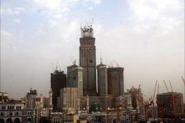 epa02200620 A view of the under-construction Mecca Royal Clock Tower hotel complex in Mecca, Saudi Arabia, 13 June 2010. Upon completion, the tallest tower in the complex by constructed the Saudi Binladin Group (SBG) would stand as the tallest building in Saudi Arabia, with a planned height of approximately 591 meters. The site of the complex faces the Masjid al-Haram, or the Grand Mosque, which houses the Kaaba, the holiest site in Islam. EPA/AHMAD HASHAD