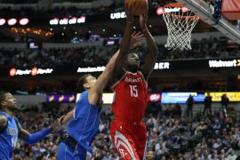 Jan 24, 2018; Dallas, TX, USA; Houston Rockets center Clint Capela (15) is fouled by Dallas Mavericks forward Dwight Powell (7) in the second half at American Airlines Center. Mandatory Credit: Matthew Emmons-USA TODAY Sports