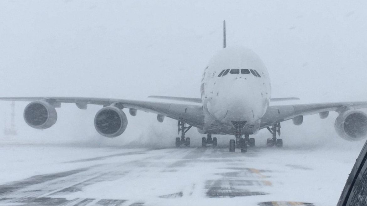 A Singapore Airlines Airbus A380, diverted from John F. Kennedy Airport during a winter storm, is shown on the runway after landing at Stewart International Airport in Newburgh, New York, U.S., January 4, 2018.   Courtesy of Stewart Airport/Handout via REUTERS  ATTENTION EDITORS - THIS IMAGE WAS PROVIDED BY A THIRD PARTY