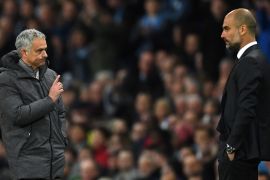 MANCHESTER, ENGLAND - APRIL 27: Jose Mourinho, Manager of Manchester United (L) and Josep Guardiola, Manager of Manchester City (R) during the Premier League match between Manchester City and Manchester United at Etihad Stadium on April 27, 2017 in Manchester, England. (Photo by Laurence Griffiths/Getty Images)