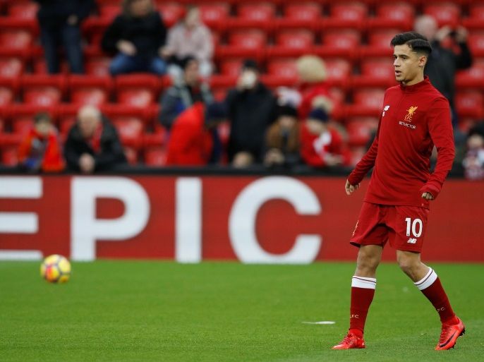 Soccer Football - Premier League - Liverpool vs Leicester City - Anfield, Liverpool, Britain - December 30, 2017 Liverpool's Philippe Coutinho warms up before the match REUTERS/Phil Noble EDITORIAL USE ONLY. No use with unauthorized audio, video, data, fixture lists, club/league logos or