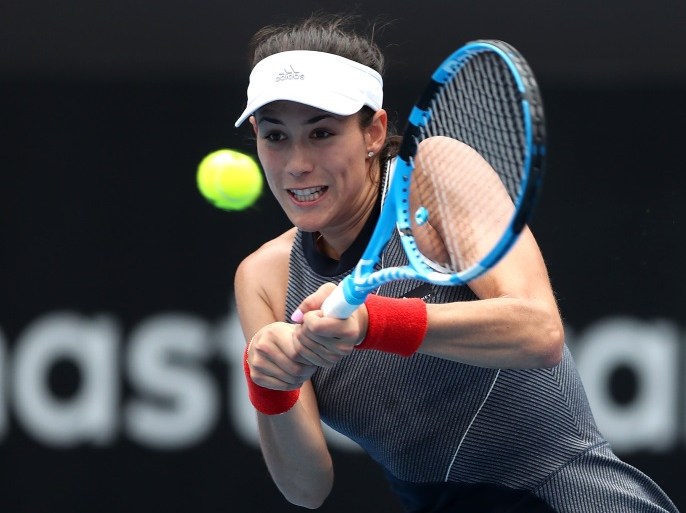 SYDNEY, AUSTRALIA - JANUARY 10: Garbine Muguruza of Spain plays a backhand in her second round match against Kiki Bertens of Netherlands during day four of the 2018 Sydney International at Sydney Olympic Park Tennis Centre on January 10, 2018 in Sydney, Australia. (Photo by Mark Metcalfe/Getty Images)