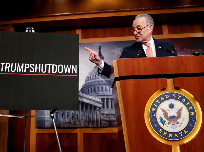 Senate Minority Leader Chuck Schumer (D-NY) speaks during a news conference after President Donald Trump and the U.S. Congress failed to reach a deal on funding for federal agencies on Capitol Hill in Washington, U.S., January 20, 2018. REUTERS/Joshua Roberts TPX IMAGES OF THE DAY
