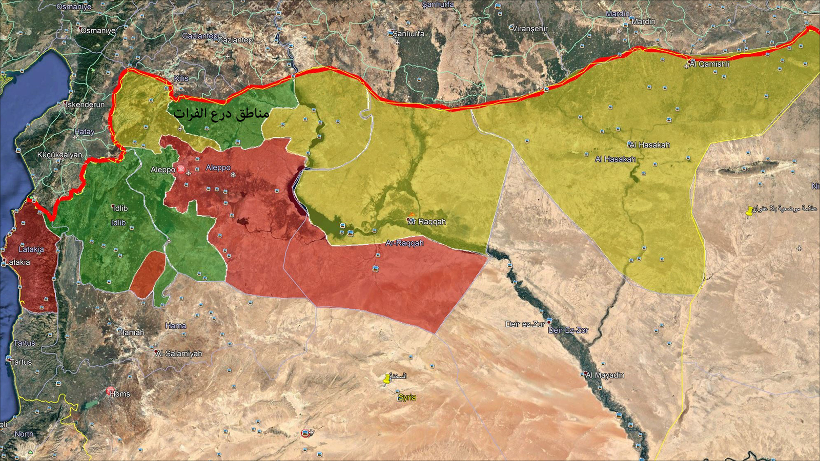 مناطق سيطرة قوات النظام أو الوحدات الكردية بالأحمر ومناطق سيطرة المعارضة المسلحة بالأخضر (الجزيرة)