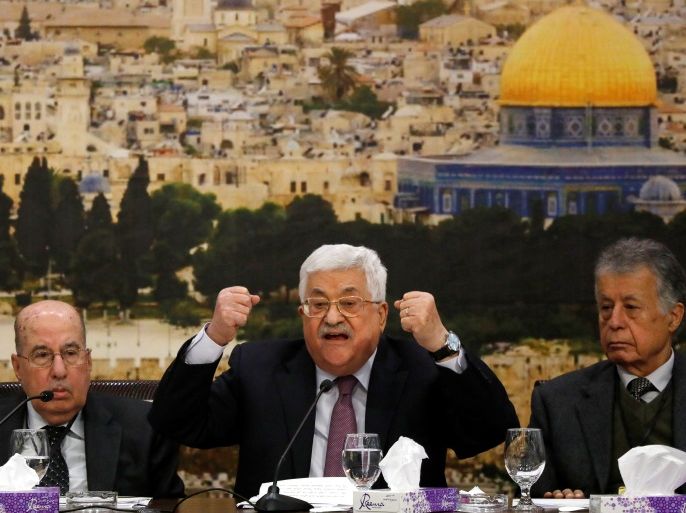 Palestinian President Mahmoud Abbas speaks during the meeting of the Palestinian Central Council in the West Bank city of Ramallah January 14, 2018. REUTERS/Mohamad Torokman