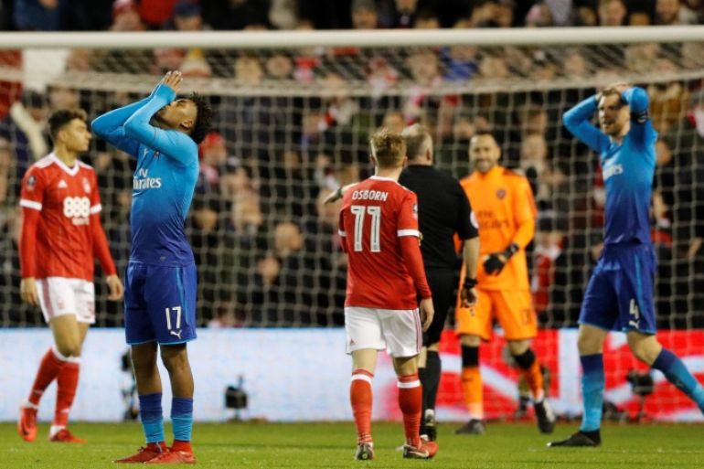 Soccer Football - FA Cup Third Round - Nottingham Forest vs Arsenal - The City Ground, Nottingham, Britain - January 7, 2018 Arsenal's Alex Iwobi reacts after Nottingham Forest are awarded a penalty by referee Jon Moss REUTERS/Darren Staples