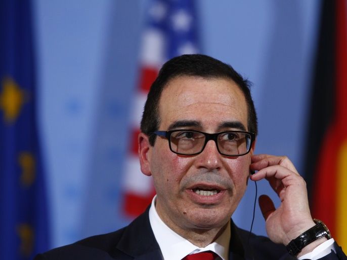 BERLIN, GERMANY - MARCH 16: new U.S. Treasury Secretary Steven Mnuchin speaks to the media following talks at the germans Ministry of Finance on March 16, 2017 in Berlin, Germany. The two men are meeting ahead of the meeting of finance ministers of the G20 group of nations tomorrow in Baden-Baden. (Photo by Michele Tantussi/Getty Images)