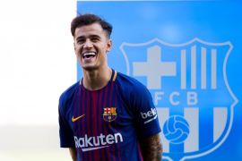 BARCELONA, SPAIN - JANUARY 08: New FC Barcelona signing Philippe Coutinho looks on as he is unveiled at Nou Camp on January 8, 2018 in Barcelona, Spain. The Brazilian player signed from Liverpool, has agreed a deal with the catalan club until 2023 season. (Photo by David Ramos/Getty Images)