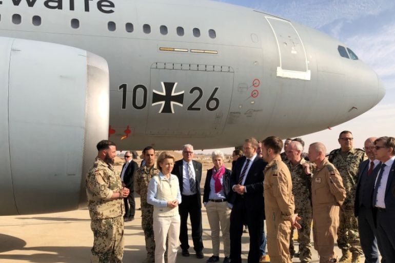 Acting German Defence Minister Ursula von der Leyen talks to journalists after arriving to Azraq, Jordan, January 13, 2018. REUTERS/Martin Schlicht