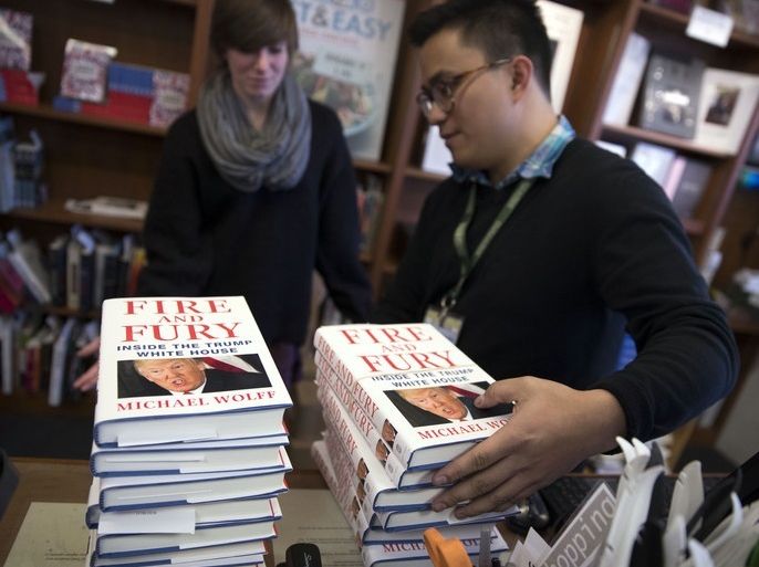 epa06418538 Presold copies of Michael Wolff's book 'Fire and Fury', the tell all about the Trump White House, are stacked at Politics and Prose book store in in Washington, DC, USA, 05 January 2018. This morning's release came four days early amid threats of lawsuits from President Trump and his legal team. EPA-EFE/SHAWN THEW