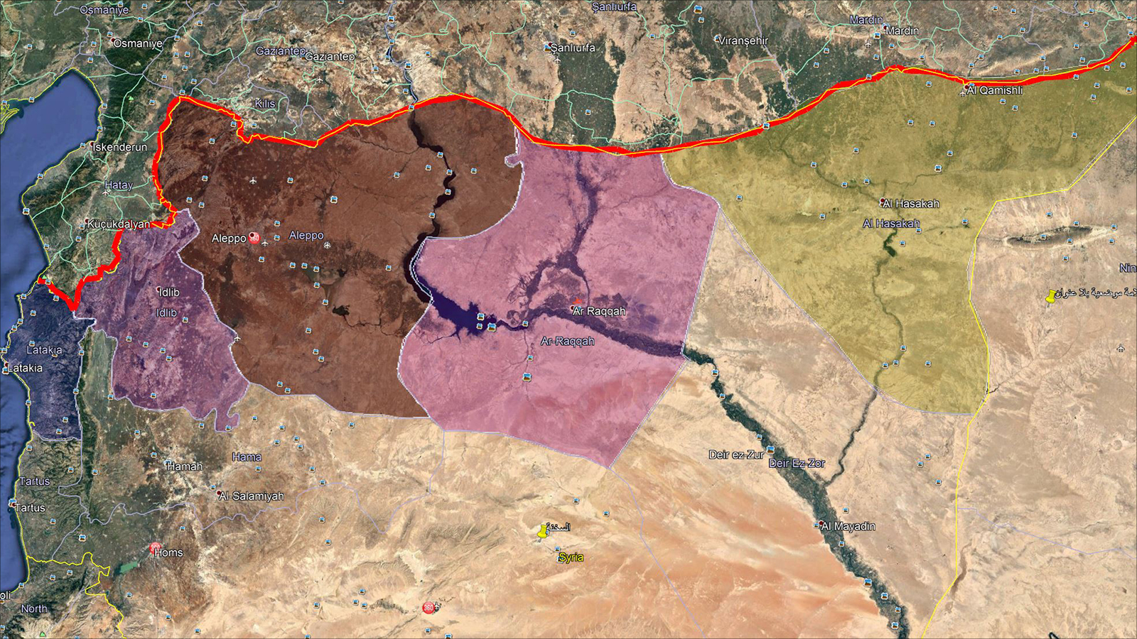 ‪الشريط الحدودي بين سوريا وتركيا باللون الأحمر‬  (الجزيرة)