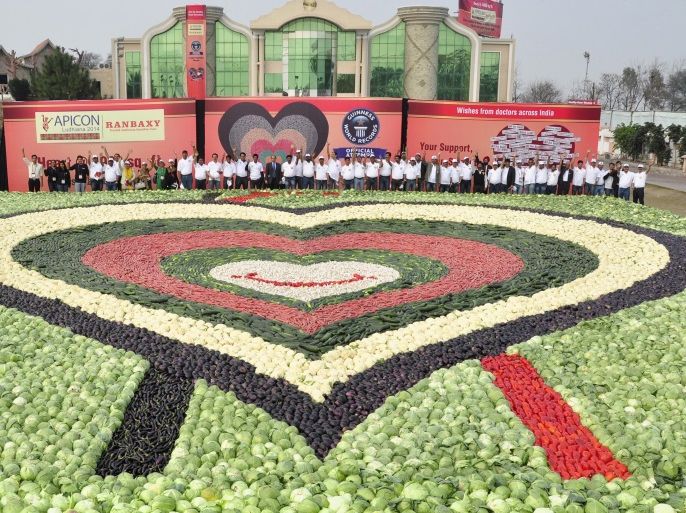 Participants stand behind a mosaic made up of vegetables at Ludhiana, in the northern Indian state of Punjab February 21, 2014. More than a thousand participants, including doctors and Ranbaxy Laboratories Ltd employees, created the heart-shaped mosaic measuring 480 square metres (5,167 square ft.) to set a new Guinness World Records of the largest vegetable mosaic, beating the existing record set by Japan. The seven-layered mosaic promoting healthy eating for the heart was made using about 19,825 kg (43,706 lbs) of vegetables, a media release said. REUTERS/Stringer (INDIA - Tags: FOOD SOCIETY)