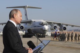 FILE PHOTO: Russian President Vladimir Putin addresses servicemen as he visits the Hmeymim air base in Latakia Province, Syria December 11, 2017. Sputnik/Mikhail Klimentyev/Sputnik via REUTERS ATTENTION EDITORS - THIS IMAGE WAS PROVIDED BY A THIRD PARTY/File Photo