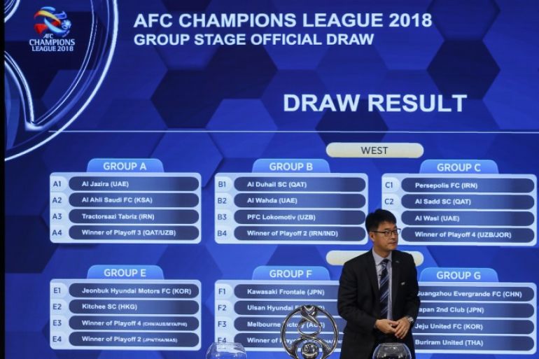 epa06370837 Asian Football Confederation (AFC) Competition Director Shin Man Gil stands in front of the final results of the AFC Champions League 2018 Group Stage Draw in Kuala Lumpur, Malaysia, 06 December 2017. EPA-EFE/AHMAD YUSNI