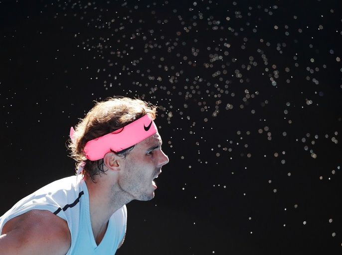 MELBOURNE, AUSTRALIA - JANUARY 17: Rafael Nadal of Spain serves in his second round match against Leonardo Mayer of Argentina on day three of the 2018 Australian Open at Melbourne Park on January 17, 2018 in Melbourne, Australia. (Photo by Michael Dodge/Getty Images)
