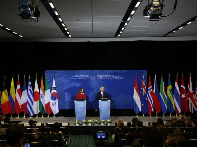 U.S. Secretary of State Rex Tillerson and Canada’s Foreign Minister Chrystia Freeland speak at a news conference during the Foreign Ministers’ Meeting on Security and Stability on the Korean Peninsula in Vancouver, British Columbia, Canada, January 16, 2018. REUTERS/Ben Nelms
