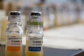 An athlete's A and B-samples of urine, with the new green seal to be used at the Olympics, still on the B-sample, are labeled to be tested at the Doping Control Laboratory, at the National Institute of Scientific Research Centre (INRS) Institute Armand-Frappier in Laval, Quebec, Canada January 15, 2018. REUTERS/Christinne Muschi