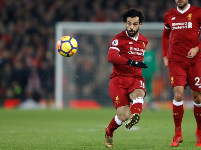 Soccer Football - Premier League - Liverpool vs Manchester City - Anfield, Liverpool, Britain - January 14, 2018 Liverpool's Mohamed Salah scores their fourth goal Action Images via Reuters/Carl Recine EDITORIAL USE ONLY. No use with unauthorized audio, video, data, fixture lists, club/league logos or