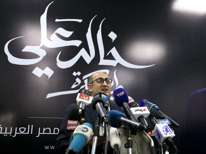 Egyptian human rights lawyer and opposition leader Khaled Ali speaks during a news conference about the upcoming 2018 presidential elections at his office in Cairo, Egypt January 11, 2018. REUTERS/Mohamed Abd El Ghany