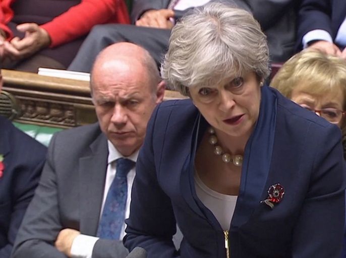 Britain's Deputy Prime Minister Damian Green sits as Prime Minister Theresa May participates in Prime Minister's Questions in the House of Commons, in London, November 1, 2017. Parliament TV handout via REUTERS FOR EDITORIAL USE ONLY. NOT FOR SALE FOR MARKETING OR ADVERTISING CAMPAIGNS THIS IMAGE HAS BEEN SUPPLIED BY A THIRD PARTY.