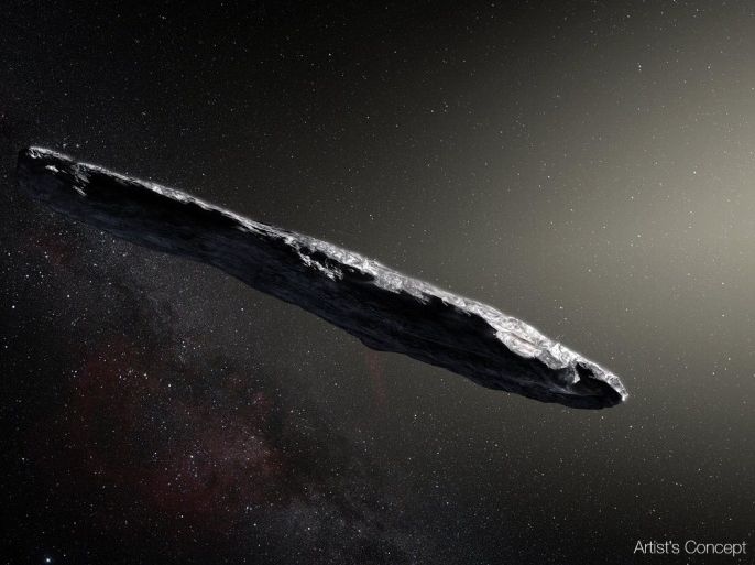 Artist’s concept of interstellar asteroid 1I/2017 U1 (‘Oumuamua) as it passed through the solar system after its discovery in October 2017. The aspect ratio of up to 10:1 is unlike that of any object seen in our own solar system.