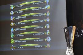 pa06557567 The match fixtures are displayed on an electronic panel next to the Europa League trophy following the draw of the UEFA Europa League 2017-18 round of 16 soccer matches at the UEFA Headquarters in Nyon, Switzerland, 23 February 2018. EPA-EFE/SALVATORE DI NOLF