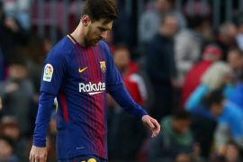 Soccer Football - La Liga Santander - FC Barcelona vs Getafe - Camp Nou, Barcelona, Spain - February 11, 2018 Barcelona’s Lionel Messi looks dejected after the match REUTERS/Albert Gea