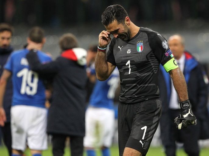MILAN, ITALY - NOVEMBER 13: Gianluigi Buffon of Italy shows his dejection shows his dejection at the end of the FIFA 2018 World Cup Qualifier Play-Off: Second Leg between Italy and Sweden at San Siro Stadium on November 13, 2017 in Milan, (Photo by Marco Luzzani/Getty Images)