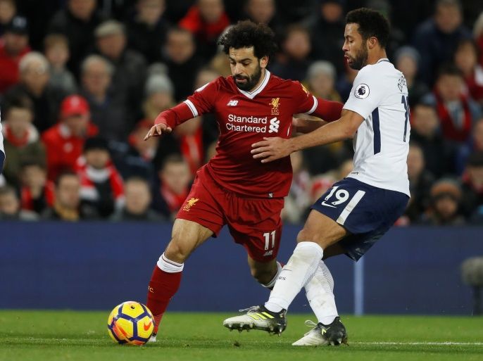 Soccer Football - Premier League - Liverpool vs Tottenham Hotspur - Anfield, Liverpool, Britain - February 4, 2018 Liverpool's Mohamed Salah in action with Tottenham's Mousa Dembele Action Images via Reuters/Carl Recine EDITORIAL USE ONLY. No use with unauthorized audio, video, data, fixture lists, club/league logos or