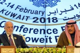 epa06525108 Kuwait Foreign Minister Sheikh Sabah al-Khaled al-Sabah (R), and Iraqi Foreign Minister Ibrahim Al-Jaafari (L), attend a press conference at the end of the Kuwait International Conference for the Reconstruction of Iraq, at Bayan Palace, in Kuwait City, Kuwait, 14 February 2018. Iraqi government said it would need an estimated 88.2 billion US dollars for reconstruction following its three-year war against the Islamic State terror organization. EPA-EFE/NOUFAL