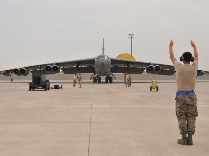 A U.S. Air Force B-52 Stratofortress bomber arrives at Al Udeid Air Base, Qatar April 9, 2016. The U.S. Air Force deployed B-52 bombers to Qatar on Saturday to join the fight against Islamic State in Iraq and Syria, the first time they have been based in the Middle East since the end of the Gulf War in 1991. REUTERS/U.S. Air Force/Tech. Sgt. Terrica Y. Jones/Handout via Reuters THIS IMAGE HAS BEEN SUPPLIED BY A THIRD PARTY. IT IS DISTRIBUTED, EXACTLY AS RECEIVED BY REUTERS, AS A SERVICE TO CLIENTS. FOR EDITORIAL USE ONLY. NOT FOR SALE FOR MARKETING OR ADVERTISING CAMPAIGNS