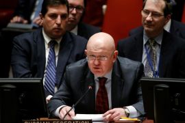 Russian ambassador to the U.N. Vasily Nebenzya speaks during a UN Security Council meeting on Syria at the United Nations headquarters in New York, U.S., February 22, 2018. REUTERS/Brendan McDermid