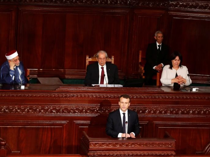 French President Emmanuel Macron delivers a speech at the Assembly of the Representatives of the People during his visit to Tunis, Tunisia February 1, 2018. REUTERS/Zoubeir Souissi *** Local Caption *** French President Emmanuel Macron is pictured before delivering his speech at the Assembly of People's Representatives during her visit to Tunis