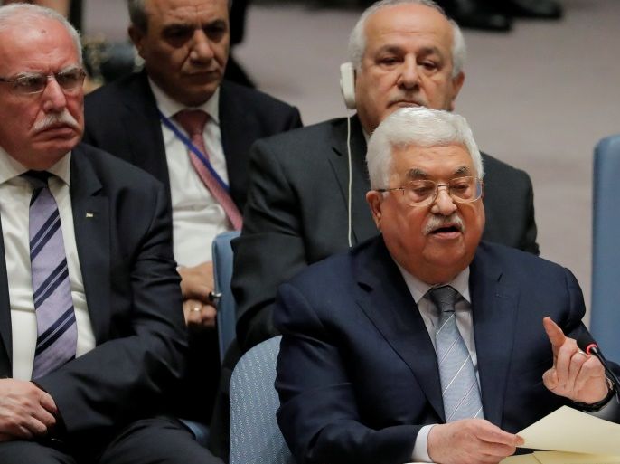 Palestinian President Mahmoud Abbas speaks during a meeting of the United Nations (UN) Security Council at UN headquarters in New York, U.S., February 20, 2018. REUTERS/Lucas Jackson