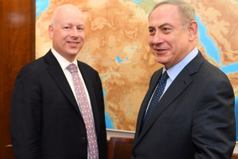 Jason Greenblatt (L), U.S. President Donald Trump's Middle East envoy meets Israeli Prime Minister Benjamin Netanyahu at the Prime Minister’s Office in Jerusalem March 13, 2017. Picture taken March 13, 2017. Courtesy Matty Stern/U.S. Embassy Tel Aviv/Handout via REUTERS ATTENTION EDITORS - THIS IMAGE WAS PROVIDED BY A THIRD PARTY. EDITORIAL USE ONLY