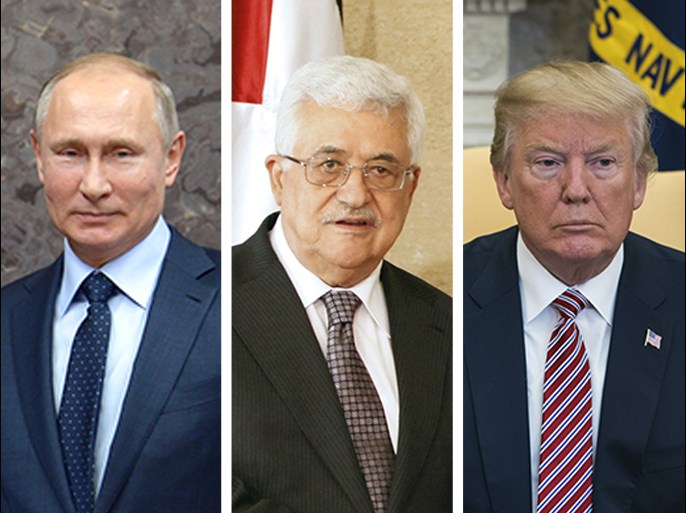 كمبو يجمع الرئيس الفلسطيني محمود عباس (يكون وسط ) والرئيس الأميريكي دونالد ترمب والرئيس الروسي فلادمير بوتين