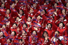 GANGNEUNG, SOUTH KOREA - FEBRUARY 10: North Korean cheeleaders attend the Men's 1500m Short Track Speed Skating qualifying on day one of the PyeongChang 2018 Winter Olympic Games at Gangneung Ice Arena on February 10, 2018 in Gangneung, South Korea. (Photo by Richard Heathcote/Getty Images)
