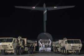 PYEONGTAEK, SOUTH KOREA - MARCH 06: In this handout photo provided by U.S. Forces Korea, trucks are seen carrying parts required to set up the Terminal High Altitude Area Defense (THAAD) missile defense system that had arrived at the Osan Air Base on March 6, 2017 in Pyeongtaek, South Korea. (Photo by United States Forces Korea via Getty Images)
